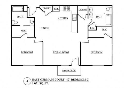 Floor plan for 2 beds, 2 baths, 1021 sqft